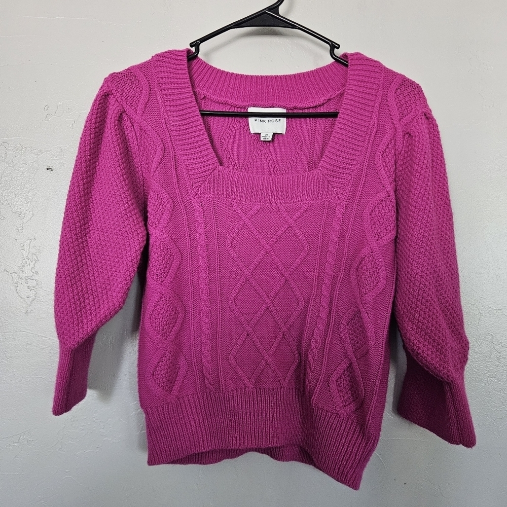 Pink Rose Women's Medium Fuchsia Magenta Sweater Quarter Sleeve Cropped Fall Top